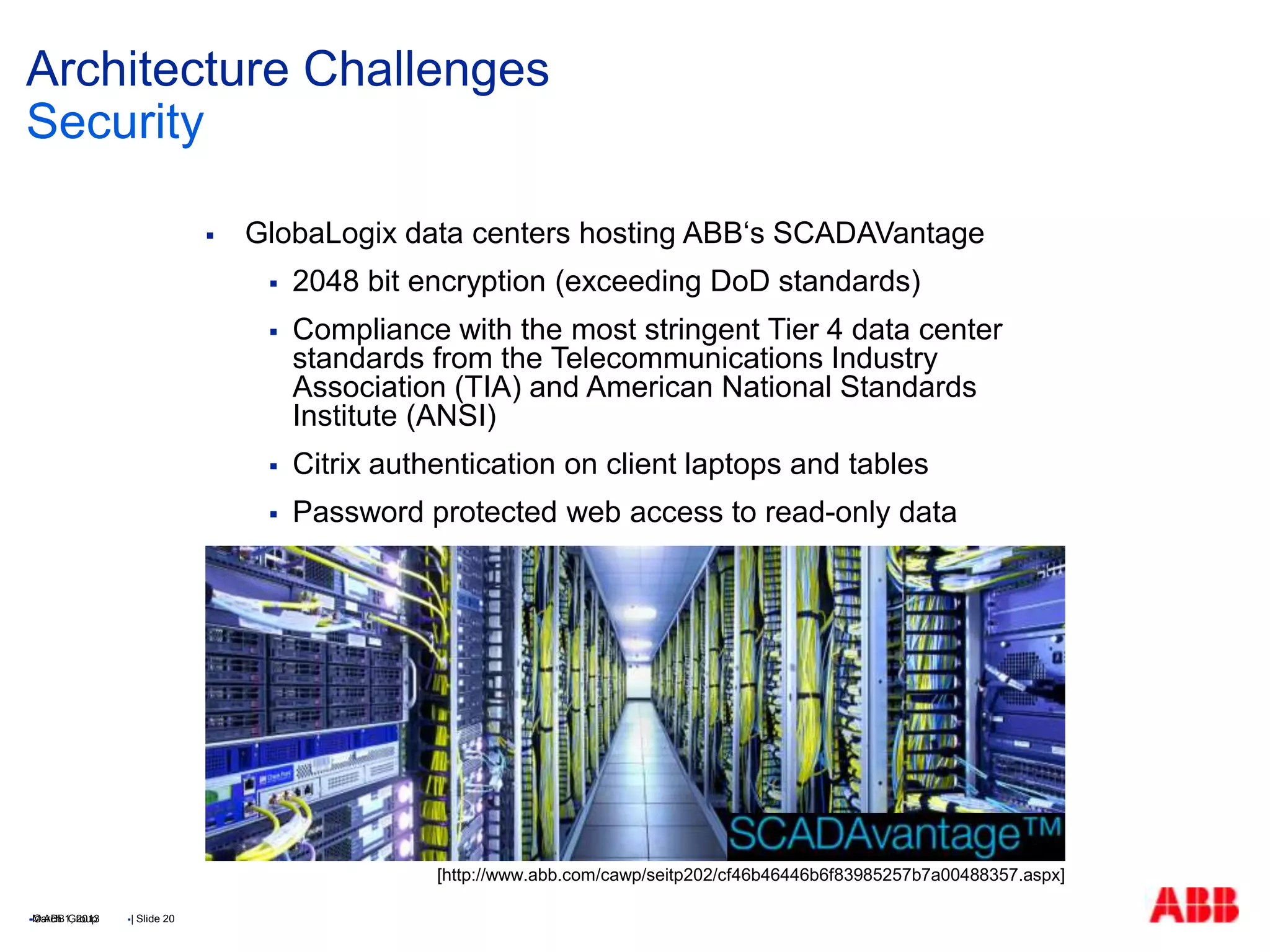  GlobaLogix data centers hosting ABB„s SCADAVantage
 2048 bit encryption (exceeding DoD standards)
 Compliance with the most stringent Tier 4 data center
standards from the Telecommunications Industry
Association (TIA) and American National Standards
Institute (ANSI)
 Citrix authentication on client laptops and tables
 Password protected web access to read-only data
Architecture Challenges
Security
© ABB Group
[http://www.abb.com/cawp/seitp202/cf46b46446b6f83985257b7a00488357.aspx]
March 1, 2013 | Slide 20
 