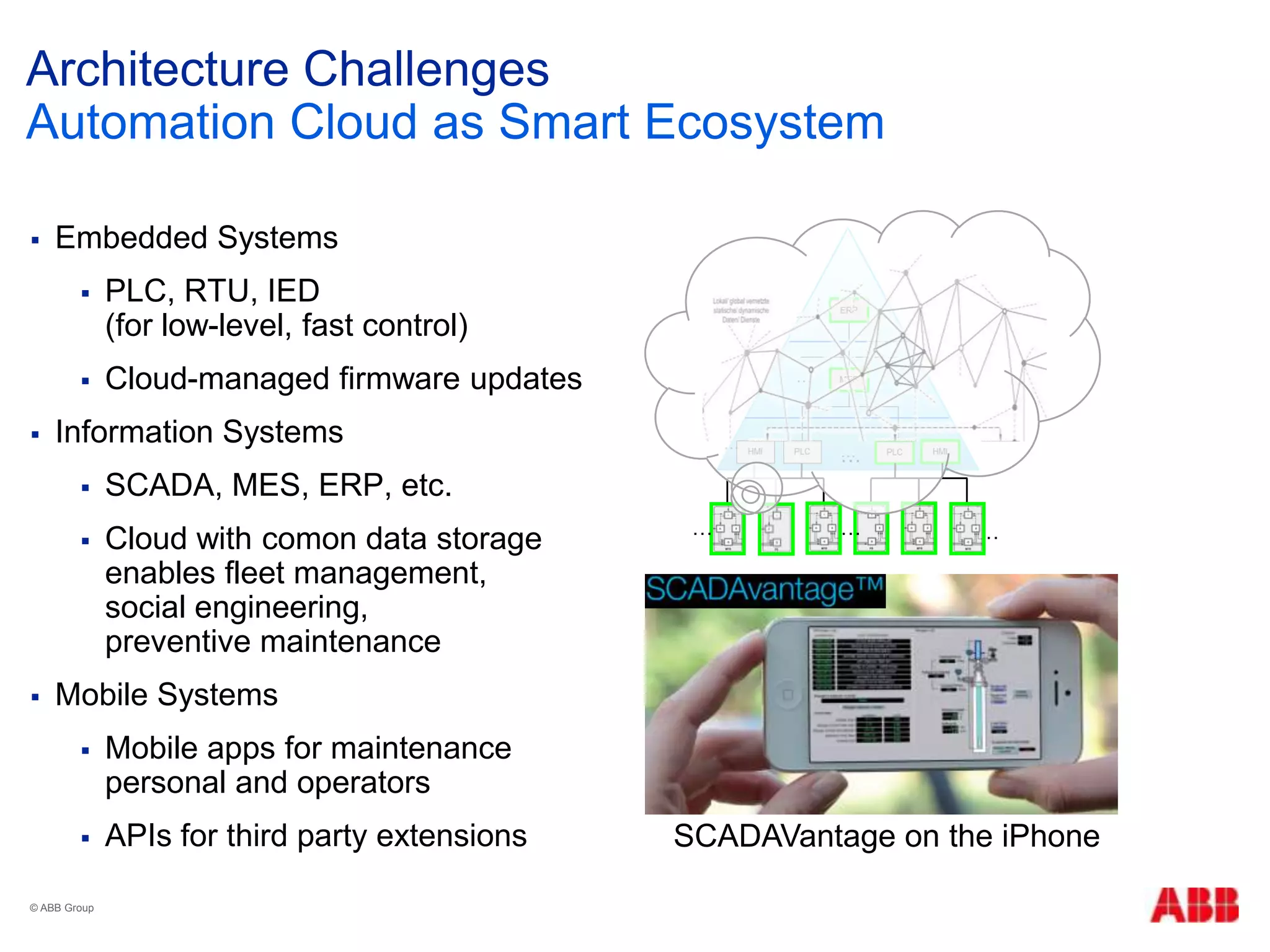 Architecture Challenges
 Embedded Systems
 PLC, RTU, IED
(for low-level, fast control)
 Cloud-managed firmware updates
 Information Systems
 SCADA, MES, ERP, etc.
 Cloud with comon data storage
enables fleet management,
social engineering,
preventive maintenance
 Mobile Systems
 Mobile apps for maintenance
personal and operators
 APIs for third party extensions
Automation Cloud as Smart Ecosystem
© ABB Group
SCADAVantage on the iPhone
…
…
……
 
