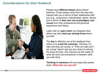 26
Considerations for their feedback
People have different biases about others’
behavior. Those biases come from the way they
interact with you in terms of their relationship with
you (e.g., supervisors, subordinates, peers, others)
and in terms of their own set of paradigms and
issues from their professional and personal
experience and history.
Listen with an open mind, but integrate what
others say with what you already know about
yourself.
The key to effective use of the feedback from
others is to avoid the extremes. Thinking “I’m
right and they are wrong” or “They are right and I
am wrong” doesn’t get you any closer to solving
the issue at hand, and chances are the reality of
what will work sits somewhere in between what
you both think.
Thinking in extremes will only keep both parties
stuck. What else can you do?
 