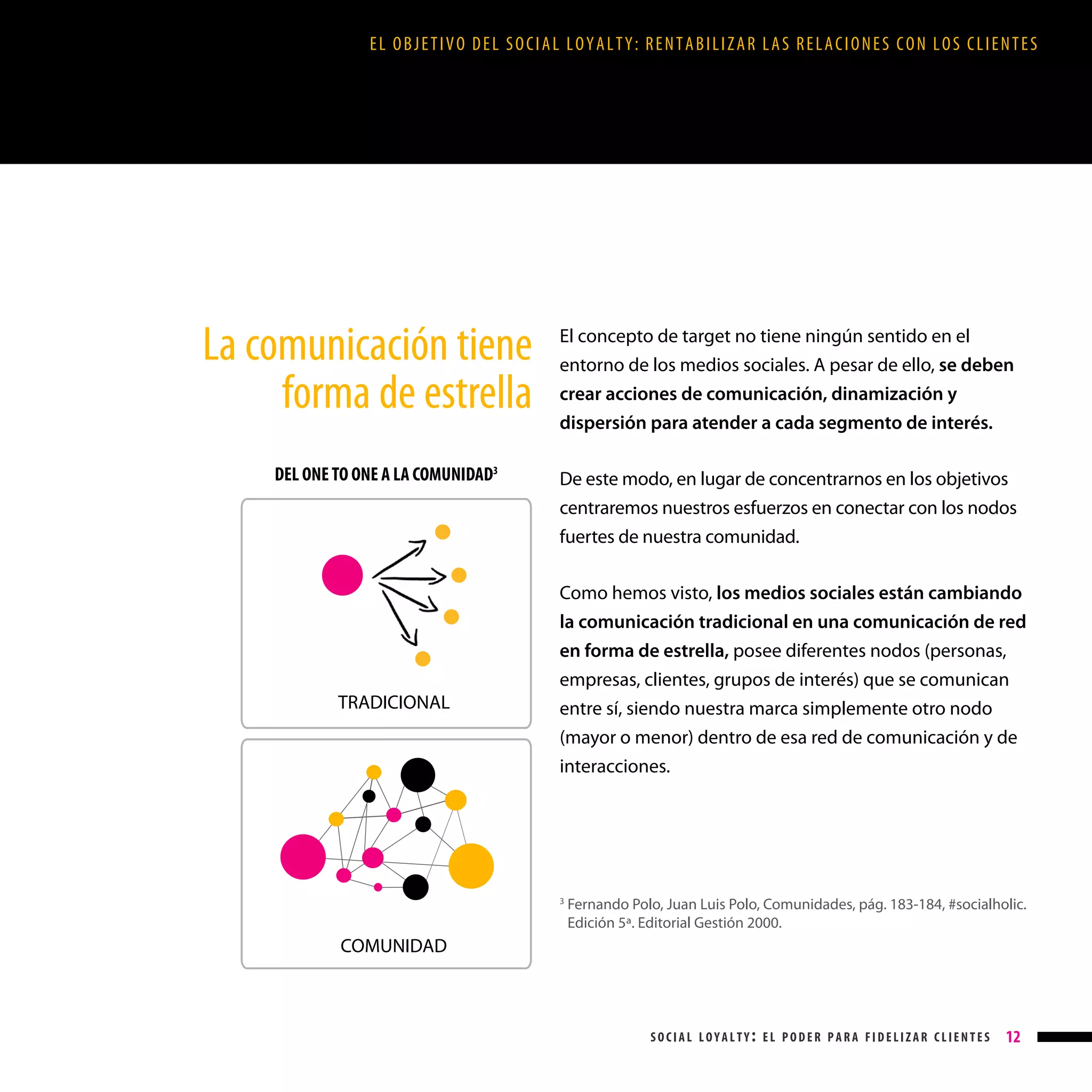 EL OBJETIVO DEL SOCIAL LOYALTY: RENTABILIZAR LAS RELACIONES CON LOS CLIENTES

La comunicación tiene
forma de estrella
DEL ONE TO ONE A LA COMUNIDAD3

TRADICIONAL

El concepto de target no tiene ningún sentido en el
entorno de los medios sociales. A pesar de ello, se deben
crear acciones de comunicación, dinamización y
dispersión para atender a cada segmento de interés.
De este modo, en lugar de concentrarnos en los objetivos
centraremos nuestros esfuerzos en conectar con los nodos
fuertes de nuestra comunidad.
Como hemos visto, los medios sociales están cambiando
la comunicación tradicional en una comunicación de red
en forma de estrella, posee diferentes nodos (personas,
empresas, clientes, grupos de interés) que se comunican
entre sí, siendo nuestra marca simplemente otro nodo
(mayor o menor) dentro de esa red de comunicación y de
interacciones.

3

F
 ernando Polo, Juan Luis Polo, Comunidades, pág. 183-184, #socialholic.
Edición 5ª. Editorial Gestión 2000.

COMUNIDAD

social loyalty: el poder para fidelizar clientes

12

 
