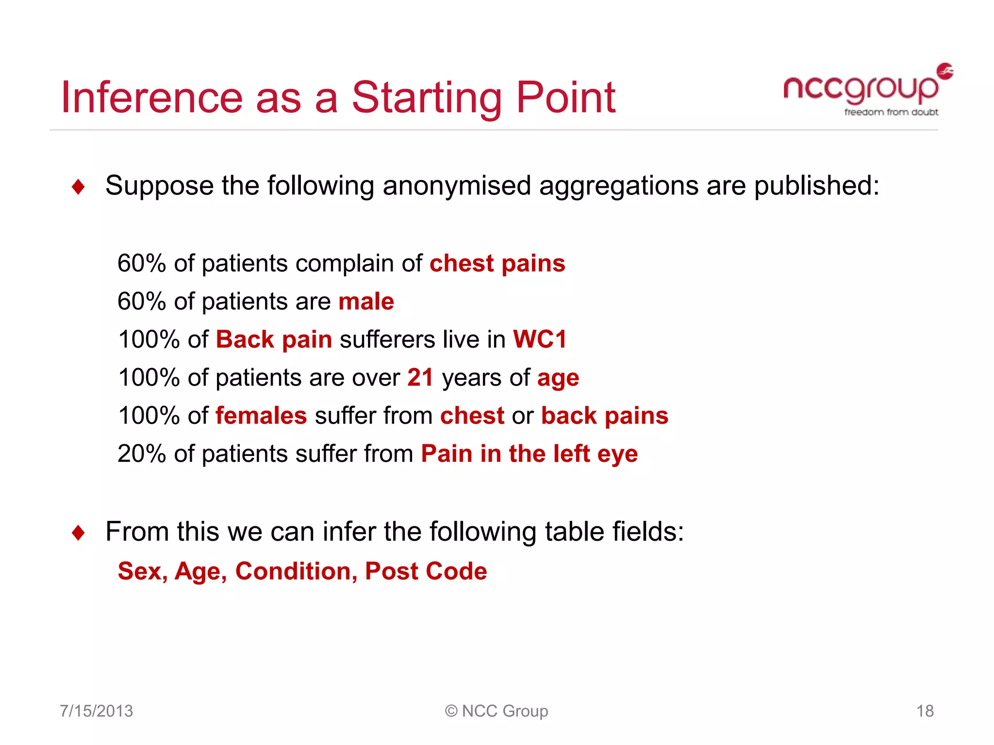 Inference as a Starting Point
Suppose the following anonymised aggregations are published:
60% of patients complain of chest pains
60% of patients are male
100% of Back pain sufferers live in WC1
100% of patients are over 21 years of age
100% of females suffer from chest or back pains
20% of patients suffer from Pain in the left eye
From this we can infer the following table fields:
Sex, Age, Condition, Post Code
7/15/2013 © NCC Group 18
 