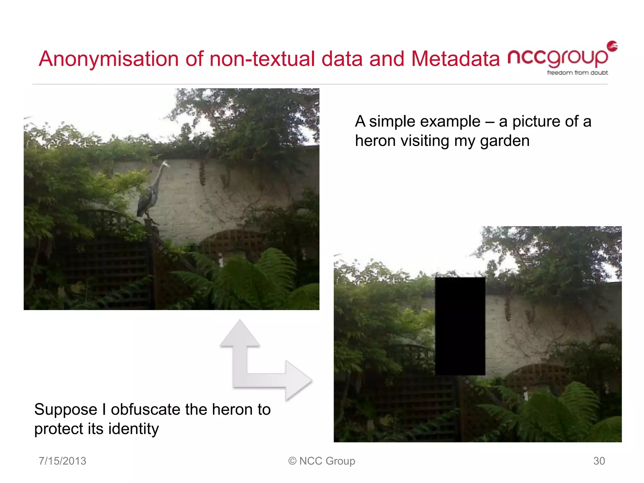 Anonymisation of non-textual data and Metadata
7/15/2013 © NCC Group 30
A simple example – a picture of a
heron visiting my garden
Suppose I obfuscate the heron to
protect its identity
 