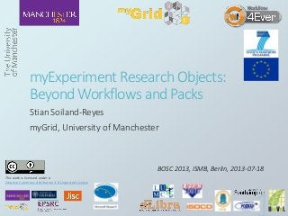 myExperiment Research Objects:
Beyond Workflows and Packs
Stian Soiland-Reyes
myGrid, University of Manchester
BOSC 2013, ISMB, Berlin, 2013-07-18
This work is licensed under a
Creative Commons Attribution 3.0 Unported License
 