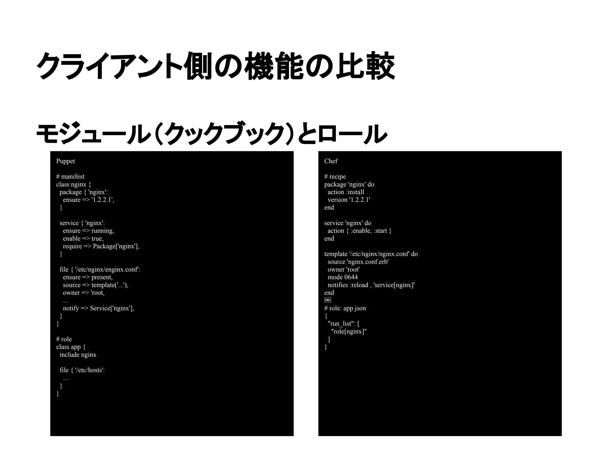クライアント側の機能の比較
モジュール（クックブック）とロール
Puppet
# manifest
class nginx {
package { 'nginx':
ensure => '1.2.2.1',
}
service { 'nginx':
ensure => running,
enable => true,
require => Package['nginx'],
}
file { '/etc/nginx/enginx.conf':
ensure => present,
source => template('...'),
owner => 'root,
...
notify => Service['nginx'],
}
}
# role
class app {
include nginx
file { '/etc/hosts':
...
}
}
Chef
# recipe
package 'nginx' do
action :install
version '1.2.2.1'
end
service 'nginx' do
action { :enable, :start }
end
template '/etc/nginx/nginx.conf' do
source 'nginx.conf.erb'
owner 'root'
mode 0644
notifies :reload , 'service[nginx]'
end
￼
# role: app.json
{
"run_list": [
"role[nginx]"
]
}
 
