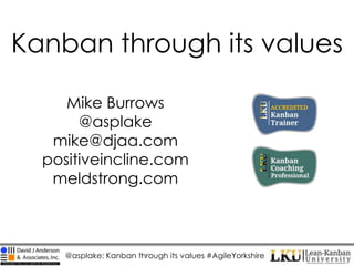 @asplake: Kanban through its values #AgileYorkshire
Kanban through its values
Mike Burrows
@asplake
mike@djaa.com
positiveincline.com
meldstrong.com
 