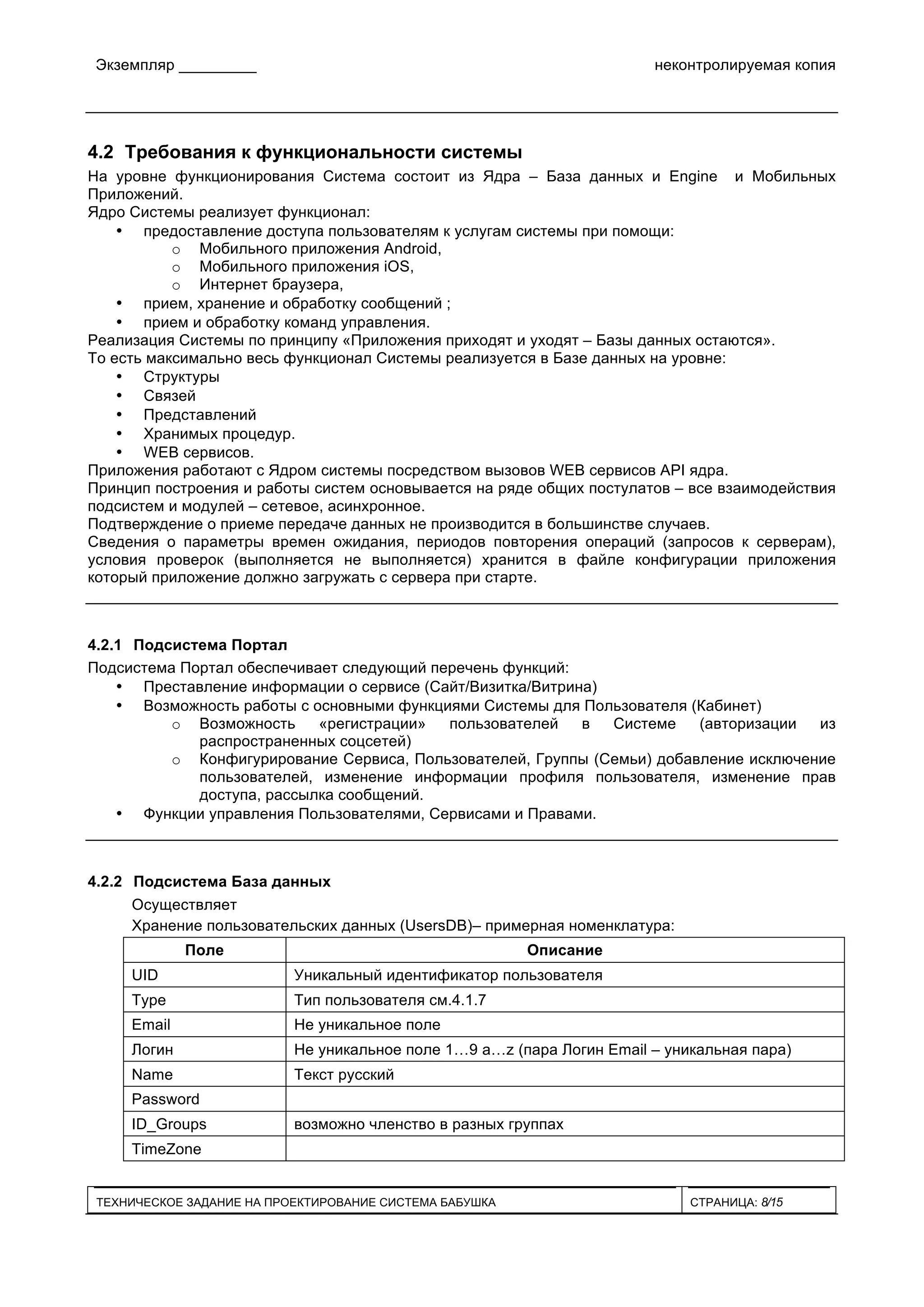 Экземпляр _________ неконтролируемая копия
ТЕХНИЧЕСКОЕ ЗАДАНИЕ НА ПРОЕКТИРОВАНИЕ СИСТЕМА БАБУШКА СТРАНИЦА: 8/15
4.2 Требования к функциональности системы
На уровне функционирования Система состоит из Ядра – База данных и Engine и Мобильных
Приложений.
Ядро Системы реализует функционал:
• предоставление доступа пользователям к услугам системы при помощи:
o Мобильного приложения Android,
o Мобильного приложения iOS,
o Интернет браузера,
• прием, хранение и обработку сообщений ;
• прием и обработку команд управления.
Реализация Системы по принципу «Приложения приходят и уходят – Базы данных остаются».
То есть максимально весь функционал Системы реализуется в Базе данных на уровне:
• Структуры
• Связей
• Представлений
• Хранимых процедур.
• WEB сервисов.
Приложения работают с Ядром системы посредством вызовов WEB сервисов API ядра.
Принцип построения и работы систем основывается на ряде общих постулатов – все взаимодействия
подсистем и модулей – сетевое, асинхронное.
Подтверждение о приеме передаче данных не производится в большинстве случаев.
Сведения о параметры времен ожидания, периодов повторения операций (запросов к серверам),
условия проверок (выполняется не выполняется) хранится в файле конфигурации приложения
который приложение должно загружать с сервера при старте.
4.2.1 Подсистема Портал
Подсистема Портал обеспечивает следующий перечень функций:
• Преставление информации о сервисе (Сайт/Визитка/Витрина)
• Возможность работы с основными функциями Системы для Пользователя (Кабинет)
o Возможность «регистрации» пользователей в Системе (авторизации из
распространенных соцсетей)
o Конфигурирование Сервиса, Пользователей, Группы (Семьи) добавление исключение
пользователей, изменение информации профиля пользователя, изменение прав
доступа, рассылка сообщений.
• Функции управления Пользователями, Сервисами и Правами.
4.2.2 Подсистема База данных
Осуществляет
Хранение пользовательских данных (UsersDB)– примерная номенклатура:
Поле Описание
UID Уникальный идентификатор пользователя
Type Тип пользователя см.4.1.7
Email Не уникальное поле
Логин Не уникальное поле 1…9 a…z (пара Логин Email – уникальная пара)
Name Текст русский
Password
ID_Groups возможно членство в разных группах
TimeZone
 