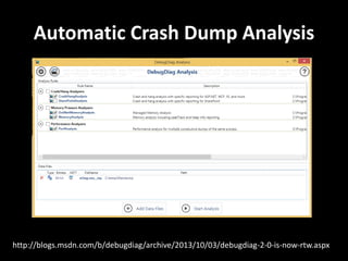 Automatic Crash Dump Analysis
http://blogs.msdn.com/b/debugdiag/archive/2013/10/03/debugdiag-2-0-is-now-rtw.aspx
 