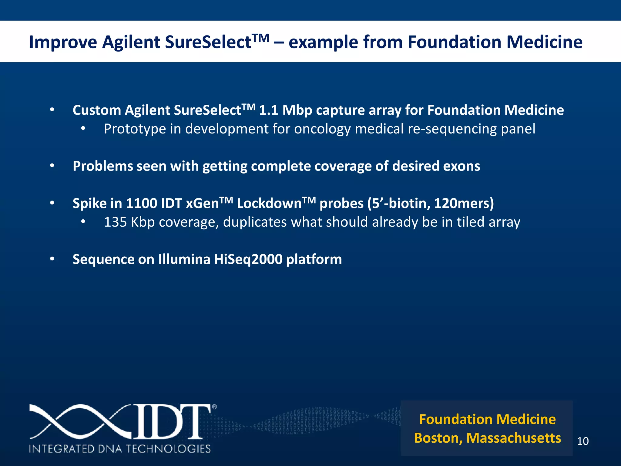 Improve Agilent SureSelectTM – example from Foundation Medicine
10
• Custom Agilent SureSelectTM 1.1 Mbp capture array for Foundation Medicine
• Prototype in development for oncology medical re-sequencing panel
• Problems seen with getting complete coverage of desired exons
• Spike in 1100 IDT xGenTM LockdownTM probes (5’-biotin, 120mers)
• 135 Kbp coverage, duplicates what should already be in tiled array
• Sequence on Illumina HiSeq2000 platform
Foundation Medicine
Boston, Massachusetts
 