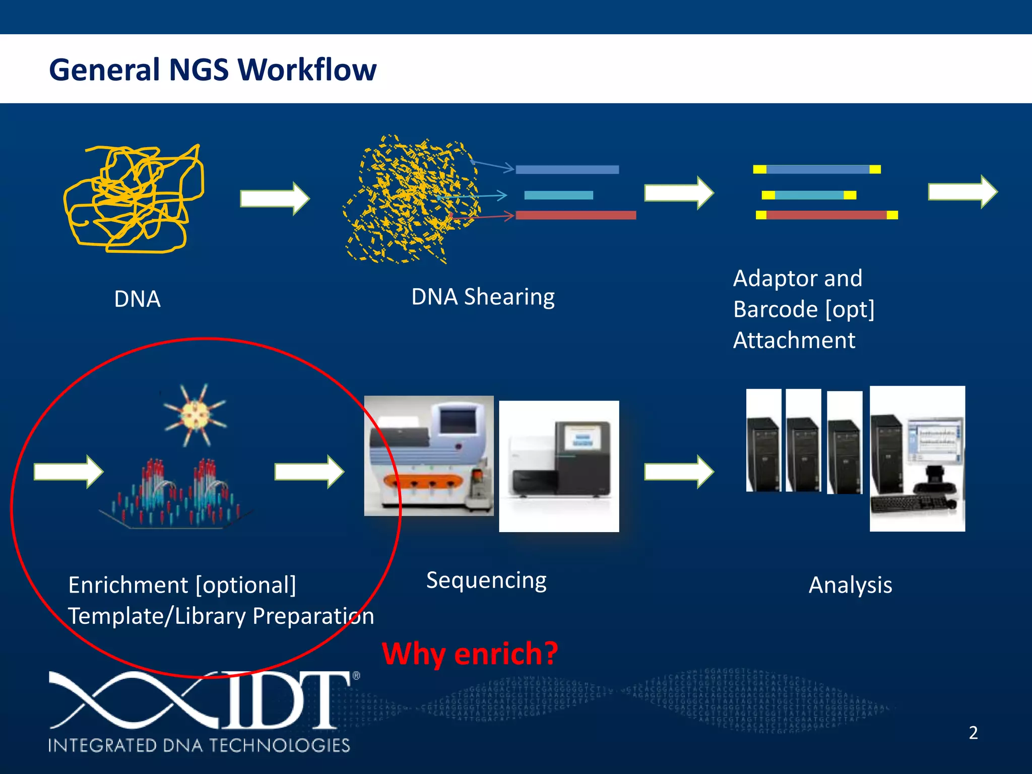General NGS Workflow
2
DNA DNA Shearing
Adaptor and
Barcode [opt]
Attachment
Enrichment [optional]
Template/Library Preparation
Sequencing Analysis
Why enrich?
 