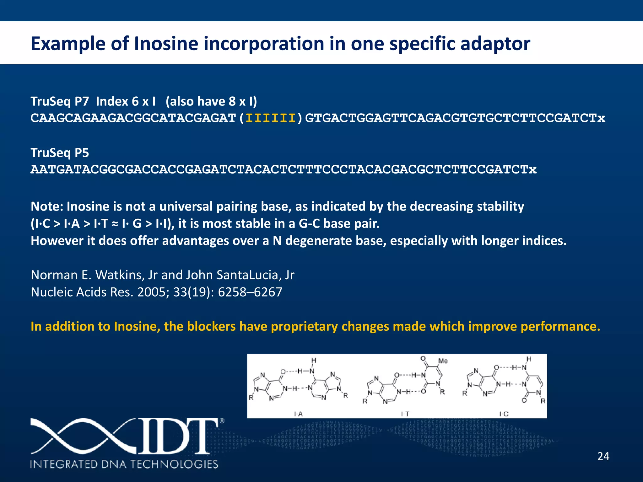 Example of Inosine incorporation in one specific adaptor
24
TruSeq P7 Index 6 x I (also have 8 x I)
CAAGCAGAAGACGGCATACGAGAT(IIIIII)GTGACTGGAGTTCAGACGTGTGCTCTTCCGATCTx
TruSeq P5
AATGATACGGCGACCACCGAGATCTACACTCTTTCCCTACACGACGCTCTTCCGATCTx
Note: Inosine is not a universal pairing base, as indicated by the decreasing stability
(I·C > I·A > I·T ≈ I· G > I·I), it is most stable in a G-C base pair.
However it does offer advantages over a N degenerate base, especially with longer indices.
Norman E. Watkins, Jr and John SantaLucia, Jr
Nucleic Acids Res. 2005; 33(19): 6258–6267
In addition to Inosine, the blockers have proprietary changes made which improve performance.
 