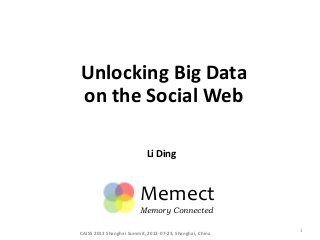 Unlocking Big Data
on the Social Web
Li Ding
CAISS 2013 Shanghai Summit, 2013-07-23, Shanghai, China 1
Memect
Memory Connected
 
