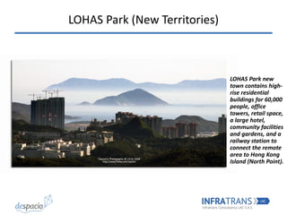 LOHAS Park new
town contains high-
rise residential
buildings for 60,000
people, office
towers, retail space,
a large hotel,
community facilities
and gardens, and a
railway station to
connect the remote
area to Hong Kong
Island (North Point).
LOHAS Park (New Territories)
 