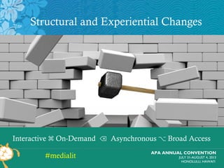 APA ANNUAL CONVENTION
JULY 31-AUGUST 4, 2013
HONOLULU, HAWAI’I
Interactive ⌘ On-Demand ⌫ Asynchronous ⌥ Broad Access
Structural and Experiential Changes
#medialit
 