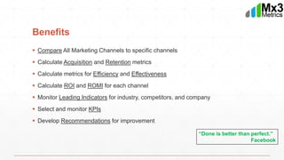Benefits
 Compare All Marketing Channels to specific channels
 Calculate Acquisition and Retention metrics
 Calculate metrics for Efficiency and Effectiveness
 Calculate ROI and ROMI for each channel
 Monitor Leading Indicators for industry, competitors, and company
 Select and monitor KPIs
 Develop Recommendations for improvement
“Done is better than perfect.”
Facebook
 