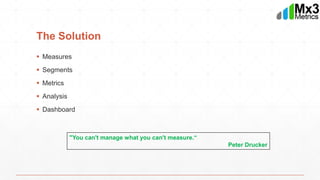 The Solution
 Measures
 Segments
 Metrics
 Analysis
 Dashboard
"You can't manage what you can't measure.“
Peter Drucker
 