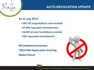 AUTO-REVOCATION UPDATE
As of July 2013:
504,742 organizations auto-revoked
37,000 requested reinstatement
44,500 private foundations revoked
400 requested reinstatement
Reinstatement process
1023/1024 Application backlog
Select Check
Exempt Sector in the IRS Spotlight – Is Your Organization Prepared? - Page 14
 