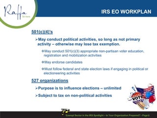 IRS EO WORKPLAN
501(c)(4)’s
May conduct political activities, so long as not primary
activity – otherwise may lose tax exemption.
May conduct 501(c)(3) appropriate non-partisan voter education,
registration and mobilization activities
May endorse candidates
Must follow federal and state election laws if engaging in political or
electioneering activities
527 organizations
Purpose is to influence elections – unlimited
Subject to tax on non-political activities
Exempt Sector in the IRS Spotlight – Is Your Organization Prepared? - Page 8
 