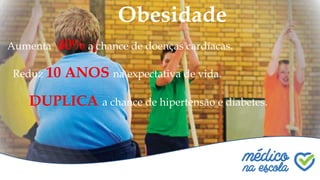 Obesidade
Aumenta 40% a chance de doenças cardíacas.
DUPLICA a chance de hipertensão e diabetes.
Reduz 10 ANOS na expectativa de vida.
 