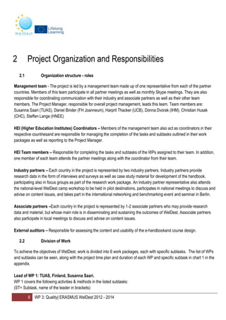 6 WP 3: Quality| ERASMUS WelDest 2012 - 2014
2 Project Organization and Responsibilities
2.1 Organization structure - roles
Management team - The project is led by a management team made up of one representative from each of the partner
countries. Members of this team participate in all partner meetings as well as monthly Skype meetings. They are also
responsible for coordinating communication with their industry and associate partners as well as their other team
members. The Project Manager, responsible for overall project management, leads this team. Team members are:
Susanna Saari (TUAS), Daniel Binder (FH Joanneum), Harprit Thacker (UCB), Donna Dvorak (IHM), Christian Husak
(CHC), Steffen Lange (HNEE)
HEI (Higher Education Institutes) Coordinators – Members of the management team also act as coordinators in their
respective countriesand are responsible for managing the completion of the tasks and subtasks outlined in their work
packages as well as reporting to the Project Manager.
HEI Team members – Responsible for completing the tasks and subtasks of the WPs assigned to their team. In addition,
one member of each team attends the partner meetings along with the coordinator from their team.
Industry partners – Each country in the project is represented by two industry partners. Industry partners provide
research data in the form of interviews and surveys as well as case study material for development of the handbook,
participating also in focus groups as part of the research work package. An industry partner representative also attends
the national-level WelDest camp workshop to be held in pilot destinations, participates in national meetings to discuss and
advise on content issues, and takes part in the international networking and benchmarking event and seminar in Berlin.
Associate partners –Each country in the project is represented by 1-2 associate partners who may provide research
data and material, but whose main role is in disseminating and sustaining the outcomes of WelDest. Associate partners
also participate in local meetings to discuss and advise on content issues.
External auditors – Responsible for assessing the content and usability of the e-handbookand course design.
2.2 Division of Work
To achieve the objectives of WelDest, work is divided into 6 work packages, each with specific subtasks. The list of WPs
and subtasks can be seen, along with the project time plan and duration of each WP and specific subtask in chart 1 in the
appendix.
Lead of WP 1: TUAS, Finland, Susanna Saari.
WP 1 covers the following activities & methods in the listed subtasks:
(ST= Subtask, name of the leader in brackets)
 