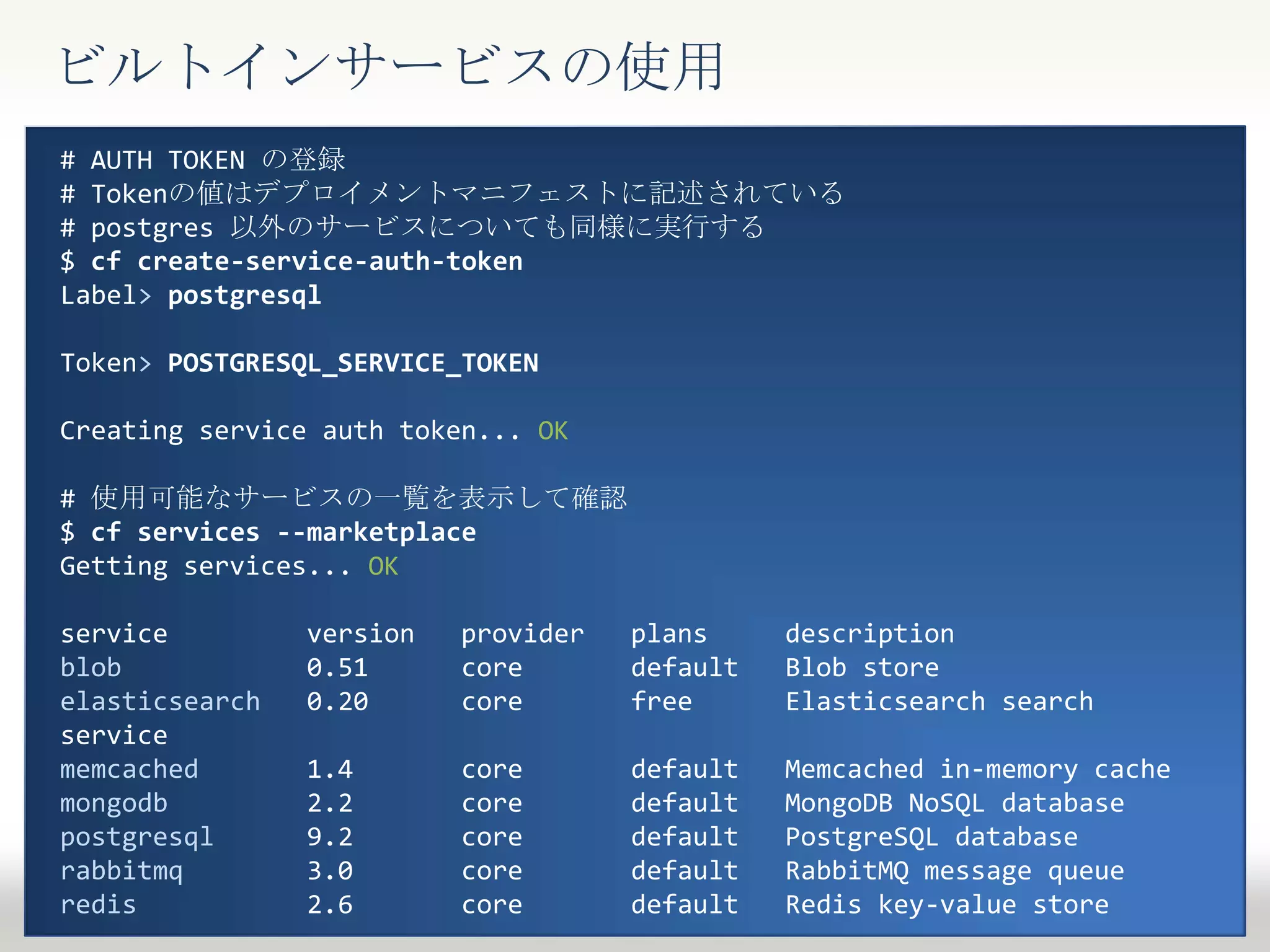 ビルトインサービスの使用
# AUTH TOKEN の登録
# Tokenの値はデプロイメントマニフェストに記述されている
# postgres 以外のサービスについても同様に実行する
$ cf create-service-auth-token
Label> postgresql
Token> POSTGRESQL_SERVICE_TOKEN
Creating service auth token... OK
# 使用可能なサービスの一覧を表示して確認
$ cf services --marketplace
Getting services... OK
service version provider plans description
blob 0.51 core default Blob store
elasticsearch 0.20 core free Elasticsearch search
service
memcached 1.4 core default Memcached in-memory cache
mongodb 2.2 core default MongoDB NoSQL database
postgresql 9.2 core default PostgreSQL database
rabbitmq 3.0 core default RabbitMQ message queue
redis 2.6 core default Redis key-value store
 