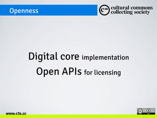 Openness

Digital core implementation
Open APIs for licensing

www.c3s.cc

 