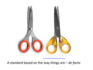 A standard based on the way things are – de facto
http://en.wikipedia.org/wiki/File:2scissors-clean.jpg
 