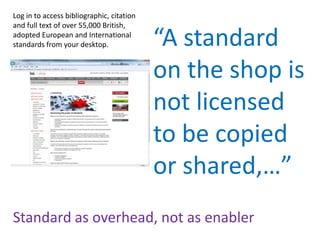 “A standard
on the shop is
not licensed
to be copied
or shared,…”
Log in to access bibliographic, citation
and full text of over 55,000 British,
adopted European and International
standards from your desktop.
Standard as overhead, not as enabler
 