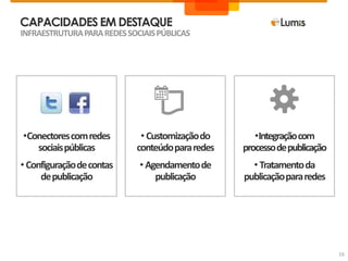 •Conectorescomredes
sociaispúblicas
• Configuraçãodecontas
depublicação
•Integraçãocom
processodepublicação
• Tratamentoda
publicaçãopararedes
• Customizaçãodo
conteúdopararedes
• Agendamentode
publicação
CAPACIDADESEM DESTAQUE
16
INFRAESTRUTURAPARAREDESSOCIAISPÚBLICAS
 