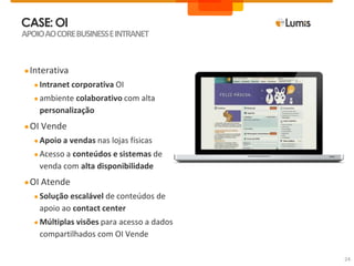 CASE: OI
●Interativa
● Intranet corporativa OI
● ambiente colaborativo com alta
personalização
●OI Vende
● Apoio a vendas nas lojas físicas
● Acesso a conteúdos e sistemas de
venda com alta disponibilidade
●OI Atende
● Solução escalável de conteúdos de
apoio ao contact center
● Múltiplas visões para acesso a dados
compartilhados com OI Vende
APOIOAOCOREBUSINESSEINTRANET
24
 