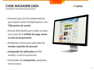 CASE: MAGAZINE LUIZA
●Intranet para 25 mil colaboradores,
que atuam como multiplicadores, em
730 pontos de venda
●Acesso distribuído para todas as lojas,
com mais de 1 milhão de page views
no dia do lançamento
●Ambiente crítico para operação de
vendas e gestão de pessoal
●Integração de aplicações de RH,
vendas, e outros processos
●Conteúdos de campanhas, produtos,
entre outros
INTRANETDEAPOIOAONEGÓCIO
25
 