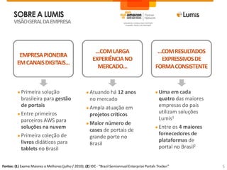 SOBREA LUMIS
VISÃOGERALDAEMPRESA
● Primeira solução
brasileira para gestão
de portais
● Entre primeiros
parceiros AWS para
soluções na nuvem
● Primeira coleção de
livros didáticos para
tablets no Brasil
Fontes: (1) Exame Maiores e Melhores (julho / 2010); (2) IDC - “Brazil Semiannual Enterprise Portals Tracker”
● Atuando há 12 anos
no mercado
● Ampla atuação em
projetos críticos
● Maior número de
cases de portais de
grande porte no
Brasil
● Uma em cada
quatro das maiores
empresas do país
utilizam soluções
Lumis1
● Entre os 4 maiores
fornecedores de
plataformas de
portal no Brasil2
EMPRESAPIONEIRA
EMCANAISDIGITAIS...
...COMLARGA
EXPERIÊNCIANO
MERCADO...
...COMRESULTADOS
EXPRESSIVOSDE
FORMACONSISTENTE
5
 