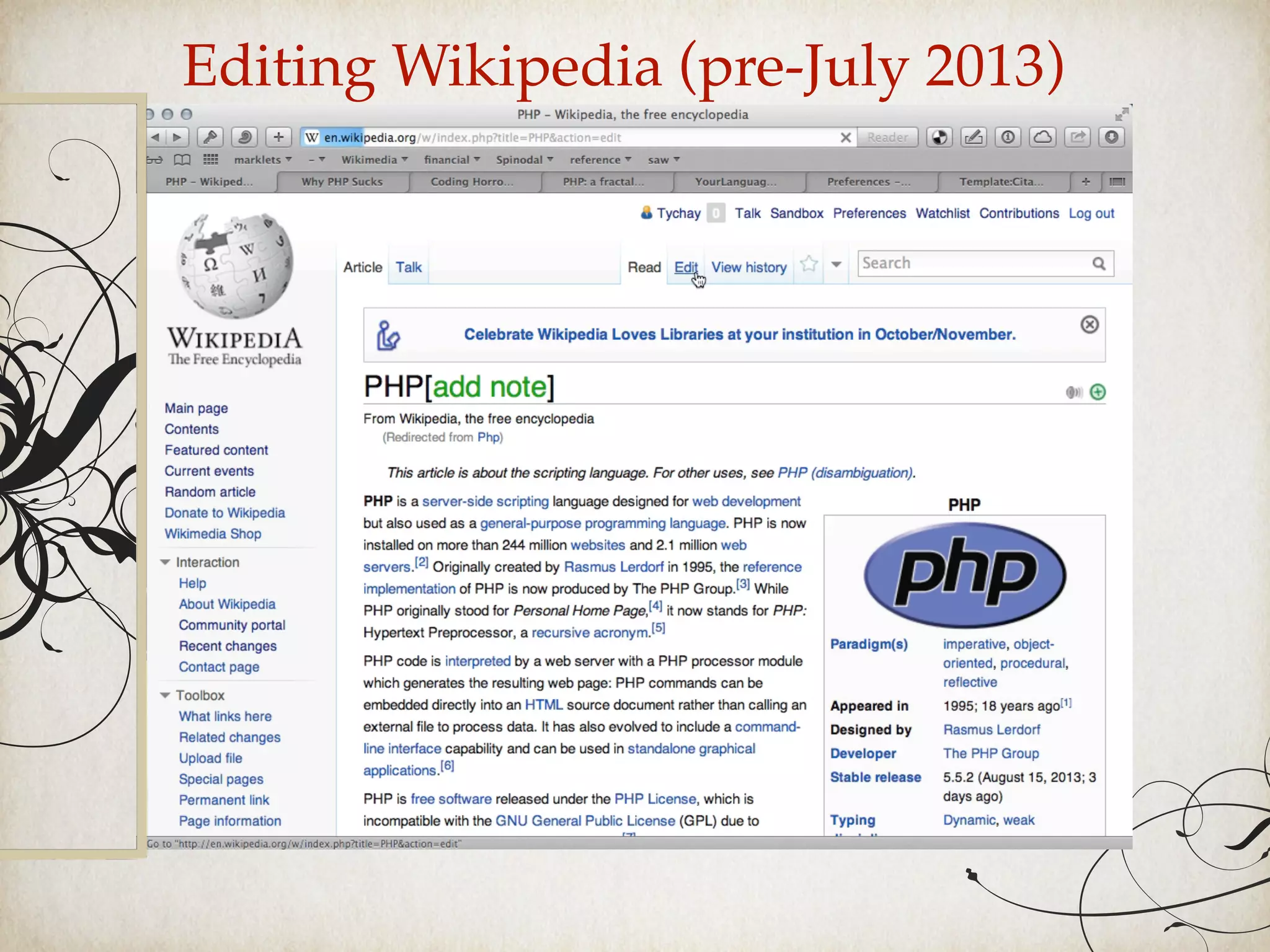 Editing Wikipedia (pre-July 2013)
 