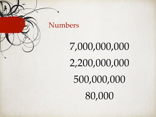 Numbers
7,000,000,000
2,200,000,000
500,000,000
80,000
 