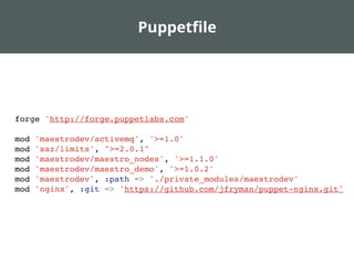 Puppetﬁle
forge 'http://forge.puppetlabs.com'
mod 'maestrodev/activemq', '>=1.0'
mod 'saz/limits', ">=2.0.1"
mod 'maestrodev/maestro_nodes', '>=1.1.0'
mod 'maestrodev/maestro_demo', '>=1.0.2'
mod 'maestrodev', :path => './private_modules/maestrodev'
mod 'nginx', :git => 'https://github.com/jfryman/puppet-nginx.git'
 