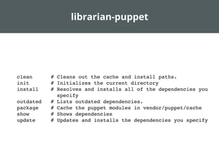 librarian-puppet
clean # Cleans out the cache and install paths.
init # Initializes the current directory
install # Resolves and installs all of the dependencies you
specify
outdated # Lists outdated dependencies.
package # Cache the puppet modules in vendor/puppet/cache
show # Shows dependencies
update # Updates and installs the dependencies you specify
 