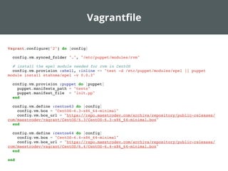 Vagrantﬁle
Vagrant.configure("2") do |config|
config.vm.synced_folder ".", "/etc/puppet/modules/rvm"
# install the epel module needed for rvm in CentOS
config.vm.provision :shell, :inline => "test -d /etc/puppet/modules/epel || puppet
module install stahnma/epel -v 0.0.3"
config.vm.provision :puppet do |puppet|
puppet.manifests_path = "tests"
puppet.manifest_file = "init.pp"
end
config.vm.define :centos63 do |config|
config.vm.box = "CentOS-6.3-x86_64-minimal"
config.vm.box_url = "https://repo.maestrodev.com/archiva/repository/public-releases/
com/maestrodev/vagrant/CentOS/6.3/CentOS-6.3-x86_64-minimal.box"
end
config.vm.define :centos64 do |config|
config.vm.box = "CentOS-6.4-x86_64-minimal"
config.vm.box_url = "https://repo.maestrodev.com/archiva/repository/public-releases/
com/maestrodev/vagrant/CentOS/6.4/CentOS-6.4-x86_64-minimal.box"
end
end
 