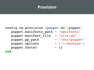 Provision
config.vm.provision :puppet do |puppet|
puppet.manifests_path = "manifests"
puppet.manifest_file = "site.pp"
puppet.pp_path = "/etc/puppet"
puppet.options = ["--verbose"]
puppet.facter = {}
end
 