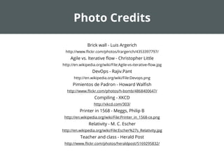 Photo Credits
Brick wall - Luis Argerich
http://www.ﬂickr.com/photos/lrargerich/4353397797/
Agile vs. Iterative ﬂow - Christopher Little
http://en.wikipedia.org/wiki/File:Agile-vs-iterative-ﬂow.jpg
DevOps - Rajiv.Pant
http://en.wikipedia.org/wiki/File:Devops.png
Pimientos de Padron - Howard Walﬁsh
http://www.ﬂickr.com/photos/h-bomb/4868400647/
Compiling - XKCD
http://xkcd.com/303/
Printer in 1568 - Meggs, Philip B
http://en.wikipedia.org/wiki/File:Printer_in_1568-ce.png
Relativity - M. C. Escher
http://en.wikipedia.org/wiki/File:Escher%27s_Relativity.jpg
Teacher and class - Herald Post
http://www.ﬂickr.com/photos/heraldpost/5169295832/
 