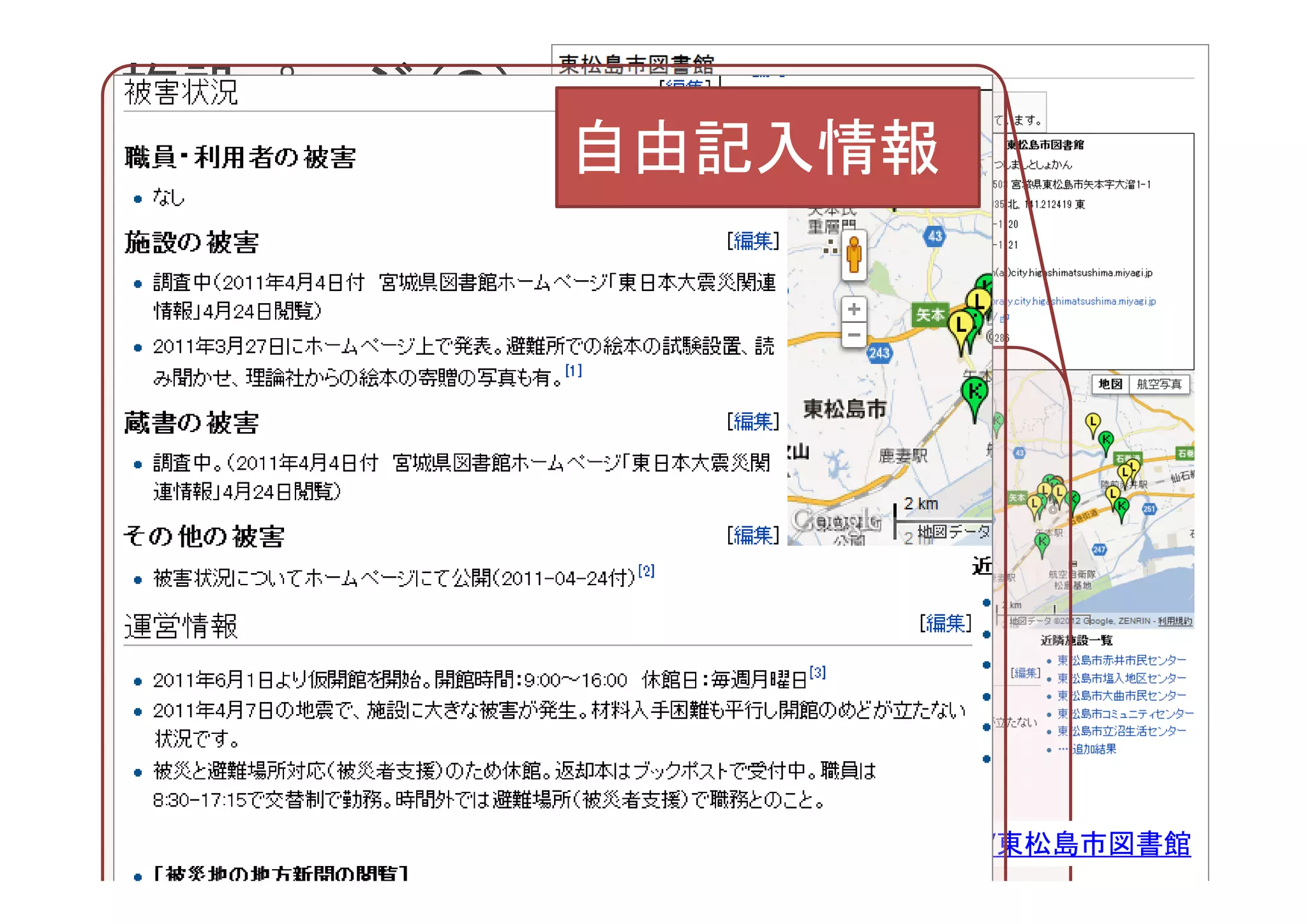 8
施設ページ（３）
Ref. http://savemlak.jp/wiki/東松島市図書館
自由記入情報
 