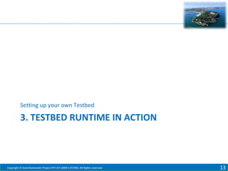 Setting up your own Testbed

3. TESTBED RUNTIME IN ACTION

Copyright © SmartSantander Project FP7-ICT-2009-5 257992. All Rights reserved.

13

 