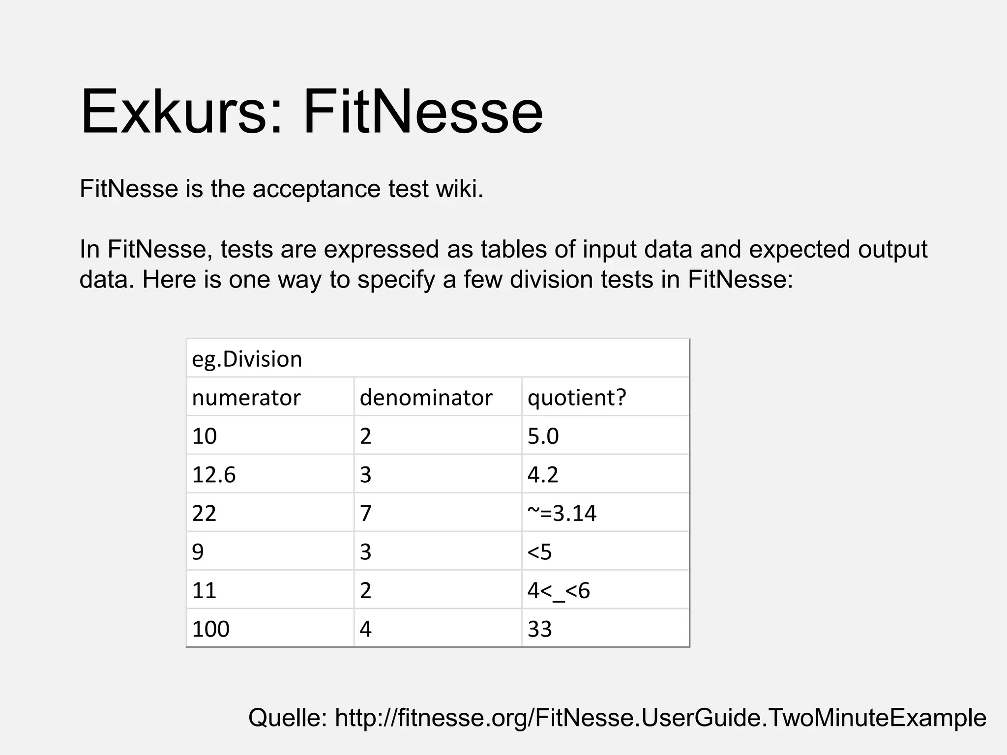 Exkurs: FitNesse
eg.Division
numerator denominator quotient?
10 2 5.0
12.6 3 4.2
22 7 ~=3.14
9 3 <5
11 2 4<_<6
100 4 33
Quelle: http://fitnesse.org/FitNesse.UserGuide.TwoMinuteExample
FitNesse is the acceptance test wiki.
In FitNesse, tests are expressed as tables of input data and expected output
data. Here is one way to specify a few division tests in FitNesse:
 