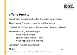 Content type, Media type, Carrier type | 8. Sitzung der AG RDA | 4./5. September 201314
offene Punkte
Grundregel ausreichend, oder Alternative anwenden
Abgrenzung Computer – Audio bei Medientyp
USB-Stick? DVD-Video vs. Blu-ray Disc? Foto vs. Plakat?
Erweiterbarkeit, Erweiterungen
neue Werte (Breite)
spezifischere Werte (Tiefe)
neue Aspekte (Dimension)
„sonstige“ / „nicht spezifiziert“
Altdaten . . .
 