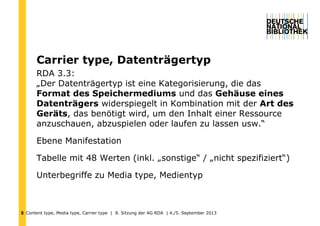 Content type, Media type, Carrier type | 8. Sitzung der AG RDA | 4./5. September 20135
Carrier type, Datenträgertyp
RDA 3.3:
„Der Datenträgertyp ist eine Kategorisierung, die das
Format des Speichermediums und das Gehäuse eines
Datenträgers widerspiegelt in Kombination mit der Art des
Geräts, das benötigt wird, um den Inhalt einer Ressource
anzuschauen, abzuspielen oder laufen zu lassen usw.“
Ebene Manifestation
Tabelle mit 48 Werten (inkl. „sonstige“ / „nicht spezifiziert“)
Unterbegriffe zu Media type, Medientyp
 