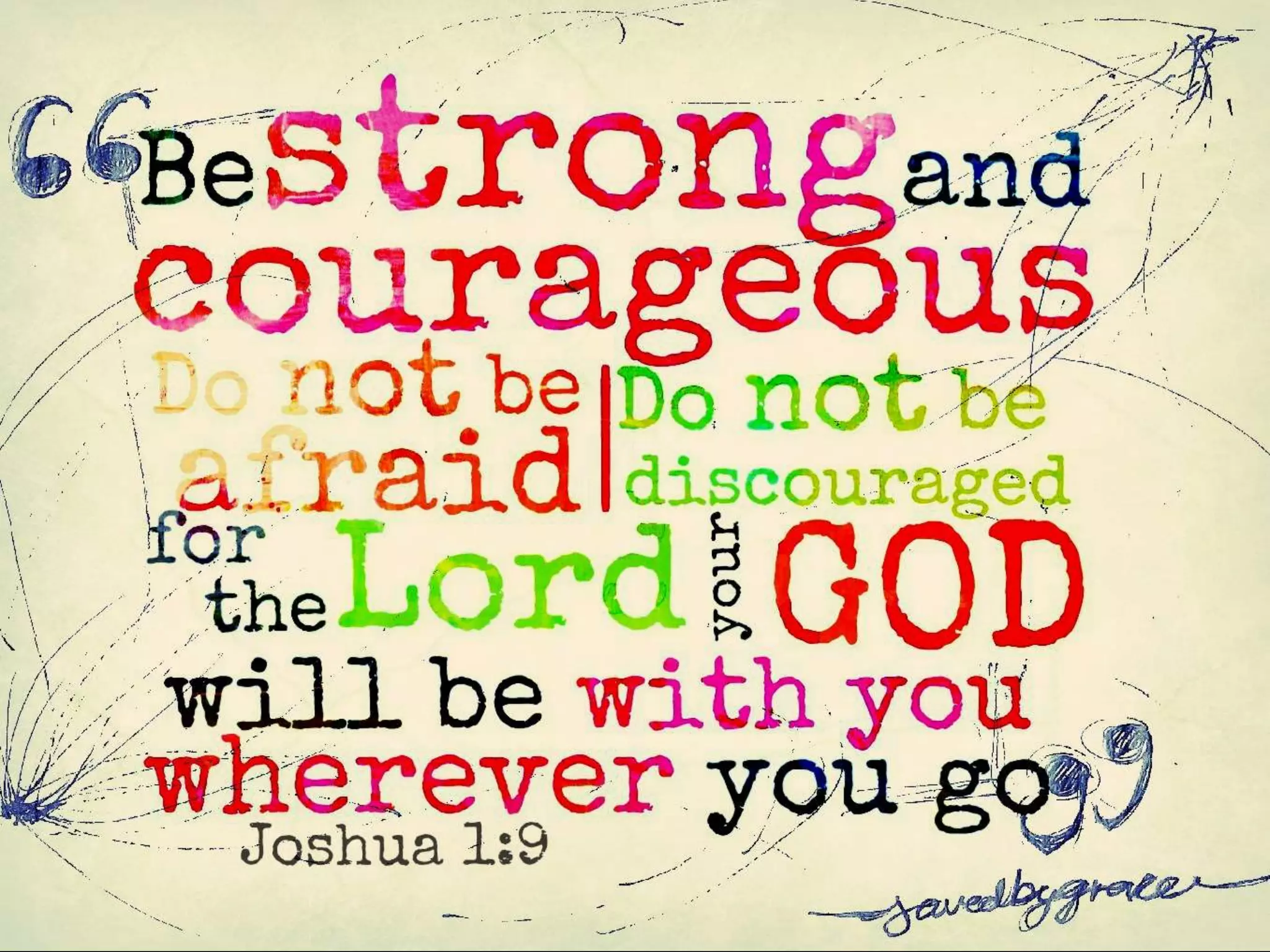Joshua 1:9
Have I not commanded you? Be
strong and courageous. Do not be
terrified; do not be discouraged, for
the LORD your God will be with you
wherever you go. (NIV)
 