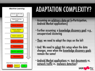 IAIK
ADAPTATION COMPLEXITY?
•Assuming an arbitrary data-set (e-Participation,
Android Market applications)
•Further assuming: a knowledge discovery goal: e.g.,
unsupervised clustering
•Then: we need to adapt the steps on the left
•And: We need to adapt this setup when the data
changes, even when the knowledge discovery goals
remain the same!
•Android Market applications vs. text documents vs.
network trafﬁc vs. malware detection?
Domain-speciﬁc data
set
Machine learning
goals
Instance extraction
Feature selection,
construction
Instance selection
Algorithm selection
Preprocessing
Algorithm application
Interpretation
Machine Learning
High
Dependence on domain data and goals
Medium Low
 