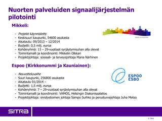 © Sitra
Nuorten palveluiden signaalijärjestelmän
pilotointi
Mikkeli:
- Projekti käynnistetty
- Keskisuuri kaupunki, 54600 asukasta
- Aikataulu: 09/2013 – 12/2014
- Budjetti: 0,5 milj. euroa
- Kohderyhmä: 13 – 29-vuotiaat syrjäytymisuhan alla olevat
- Toimintamalli ja koordinointi: Mikkelin Olkkari
- Projektijohtaja: sosiaali- ja terveysjohtaja Maria Närhinen
Espoo (Kirkkonummi ja Kauniainen):
- Neuvotteluvaihe
- Suuri kaupunki, 256800 asukasta
- Aikataulu 01/2014 –
- Budjetti: 1,5 milj. euroa
- Kohderyhmä: 7 – 29-vuotiaat syrjäytymisuhan alla olevat
- Toimintamalli ja koordinointi: VAMOS, Helsingin Diakonissalaitos
- Projektijohtaja: sivistystoimen johtaja Sampo Suihko ja perusturvajohtaja Juha Metso
 