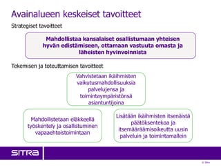 © Sitra
Avainalueen keskeiset tavoitteet
Mahdollistaa kansalaiset osallistumaan yhteisen
hyvän edistämiseen, ottamaan vastuuta omasta ja
läheisten hyvinvoinnista
Vahvistetaan ikäihmisten
vaikutusmahdollisuuksia
palvelujensa ja
toimintaympäristönsä
asiantuntijoina
Mahdollistetaan eläkkeellä
työskentely ja osallistuminen
vapaaehtoistoimintaan
Lisätään ikäihmisten itsenäistä
päätöksentekoa ja
itsemääräämisoikeutta uusin
palveluin ja toimintamallein
Strategiset tavoitteet
Tekemisen ja toteuttamisen tavoitteet
 