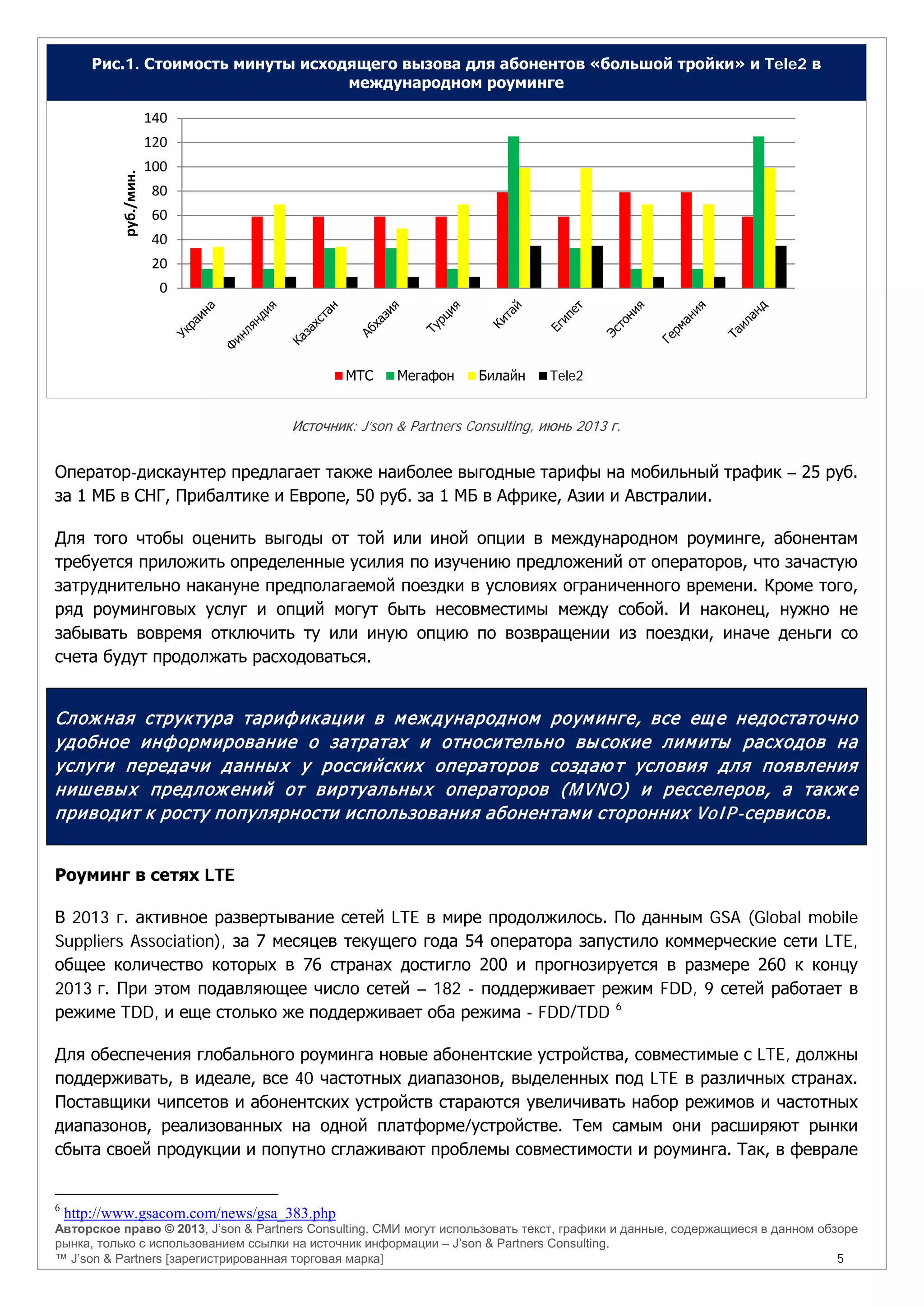 Авторское право © 2013, J’son & Partners Consulting. СМИ могут использовать текст, графики и данные, содержащиеся в данном обзоре
рынка, только с использованием ссылки на источник информации – J’son & Partners Consulting.
™ J’son & Partners [зарегистрированная торговая марка] 5
Рис.1. Стоимость минуты исходящего вызова для абонентов «большой тройки» и Tele2 в
международном роуминге
Источник: J’son & Partners Consulting, июнь 2013 г.
Оператор-дискаунтер предлагает также наиболее выгодные тарифы на мобильный трафик – 25 руб.
за 1 МБ в СНГ, Прибалтике и Европе, 50 руб. за 1 МБ в Африке, Азии и Австралии.
Для того чтобы оценить выгоды от той или иной опции в международном роуминге, абонентам
требуется приложить определенные усилия по изучению предложений от операторов, что зачастую
затруднительно накануне предполагаемой поездки в условиях ограниченного времени. Кроме того,
ряд роуминговых услуг и опций могут быть несовместимы между собой. И наконец, нужно не
забывать вовремя отключить ту или иную опцию по возвращении из поездки, иначе деньги со
счета будут продолжать расходоваться.
Сложная структура тарификации в международном роуминге, все еще недостаточно
удобное информирование о затратах и относительно высокие лимиты расходов на
услуги передачи данных у российских операторов создаю т условия для появления
нишевых предложений от виртуальных операторов (MVNO) и ресселеров, а также
приводит к росту популярности использования абонентами сторонних VoIP-сервисов.
Роуминг в сетях LTE
В 2013 г. активное развертывание сетей LTE в мире продолжилось. По данным GSA (Global mobile
Suppliers Association), за 7 месяцев текущего года 54 оператора запустило коммерческие сети LTE,
общее количество которых в 76 странах достигло 200 и прогнозируется в размере 260 к концу
2013 г. При этом подавляющее число сетей – 182 - поддерживает режим FDD, 9 сетей работает в
режиме TDD, и еще столько же поддерживает оба режима - FDD/TDD 6
Для обеспечения глобального роуминга новые абонентские устройства, совместимые с LTE, должны
поддерживать, в идеале, все 40 частотных диапазонов, выделенных под LTE в различных странах.
Поставщики чипсетов и абонентских устройств стараются увеличивать набор режимов и частотных
диапазонов, реализованных на одной платформе/устройстве. Тем самым они расширяют рынки
сбыта своей продукции и попутно сглаживают проблемы совместимости и роуминга. Так, в феврале
6
http://www.gsacom.com/news/gsa_383.php
0
20
40
60
80
100
120
140
руб./мин.
МТС Мегафон Билайн Tele2
 