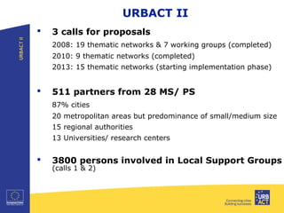 URBACT II
 3 calls for proposals
2008: 19 thematic networks & 7 working groups (completed)
2010: 9 thematic networks (completed)
2013: 15 thematic networks (starting implementation phase)
 511 partners from 28 MS/ PS
87% cities
20 metropolitan areas but predominance of small/medium size
15 regional authorities
13 Universities/ research centers
 3800 persons involved in Local Support Groups
(calls 1 & 2)
 