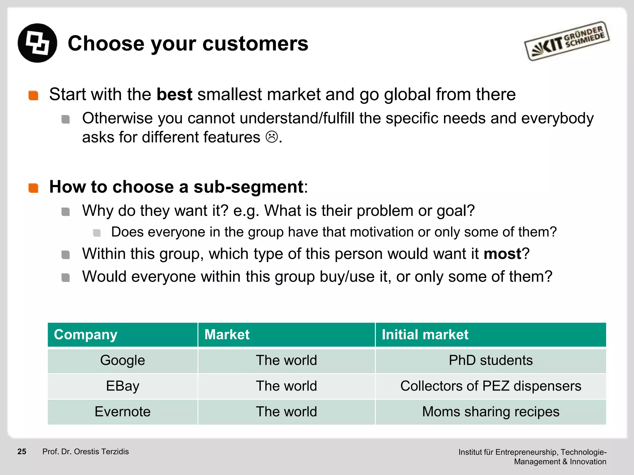 Choose your customers
Start with the best smallest market and go global from there
Otherwise you cannot understand/fulfill the specific needs and everybody
asks for different features .

How to choose a sub-segment:
Why do they want it? e.g. What is their problem or goal?
Does everyone in the group have that motivation or only some of them?

Within this group, which type of this person would want it most?
Would everyone within this group buy/use it, or only some of them?

Company

Market

Initial market

Google

PhD students

EBay

The world

Collectors of PEZ dispensers

Evernote
25

The world

The world

Moms sharing recipes

Prof. Dr. Orestis Terzidis

Institut für Entrepreneurship, TechnologieManagement & Innovation

 